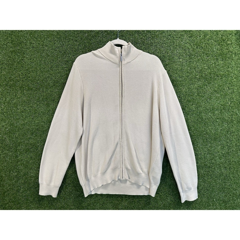 Perry Ellis Men's 2XL Beige Solid Knit Mock Neck‎ Full Zip Sweater Long Sleeve